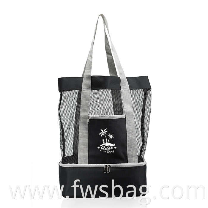 Custom Online Shop Lightweight Zipper Top Mesh Beach Tote Bag With Insulated Picnic Cooler Compartment